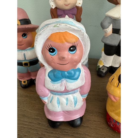 Vintage Thanksgiving 6 Ceramic Figurines Pilgrims Indians 1977 Signed Decor - Picture 3 of 12